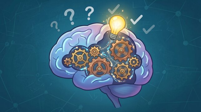 3D human brain with rotating gears inside illuminated dark teasers background