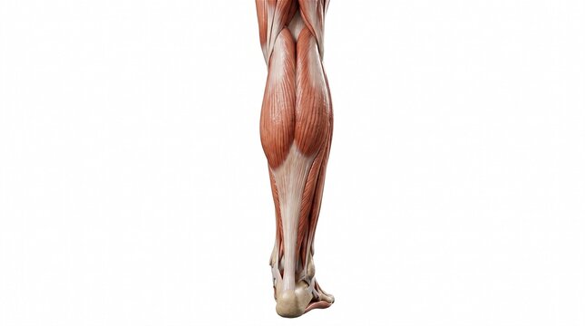 Posterior view of human calf muscles and tendons on a white background