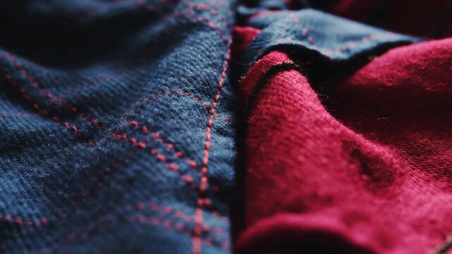 Focusing camera shifting over blue textile and red folded fabric on table, showing stitch detail