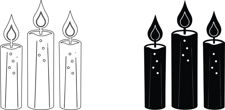 Three burning candles set with outline and silhouette style for christmas advent decoration.