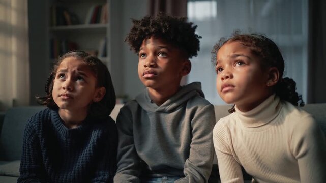 Sitting three siblings looking up at home on couch, wearing navy knit gray hoodie cream turtleneck