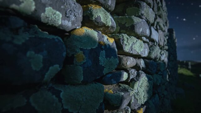 Panning camera revealing lichen-covered dry stone wall at night, shadow sweeping across stones
