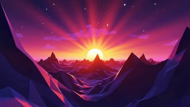 Vibrant Sunset Over Mountain Peaks - A Low Poly Landscape.