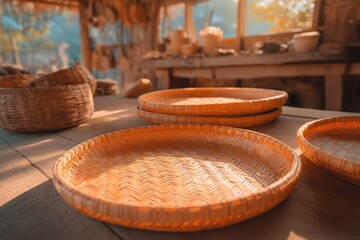 Fototapeta premium Traditional Woven Bamboo Plates Showcasing Heritage Craftsmanship in Rustic Workshop Setting