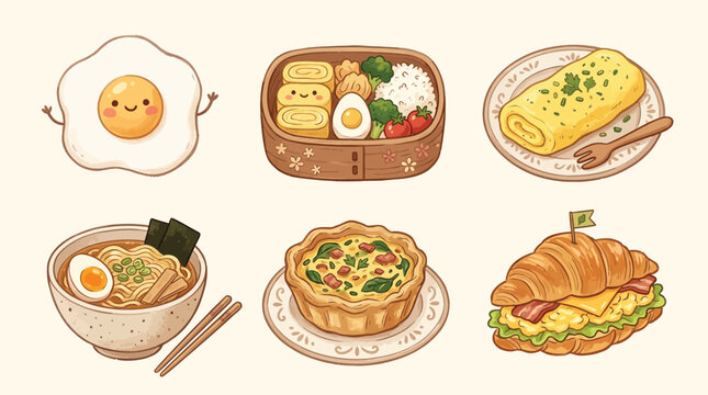 A delightful collection of cute and kawaii food illustrations, including a sunny-side-up egg, bento box, omelet, ramen, quiche, and sandwich.