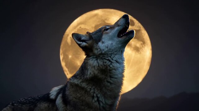 Howling adult wolf raising head and opening jaw at night, responding to full moon, ridgeline