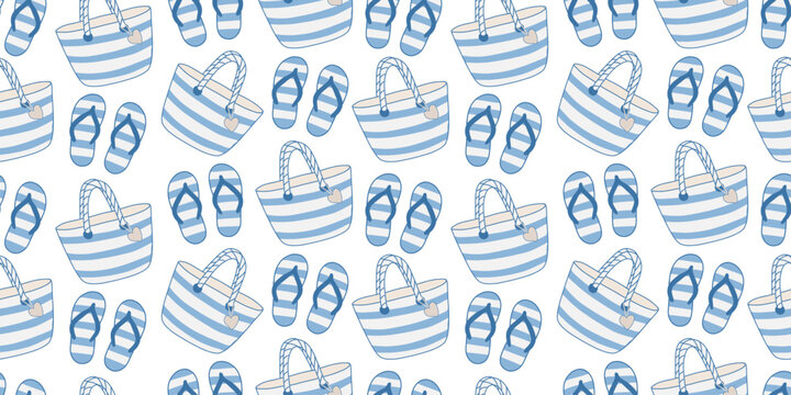 Summer pattern with beach bag and flip flops, Mediterranean style vector illustration, blue hand drawn sketches, minimalist coastal design.
