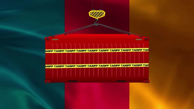 Cargo Container with Warning Tape: A red cargo container hangs suspended by a crane hook, its sides reinforced with bright yellow warning tape, against a backdrop of flowing fabric in red, green.