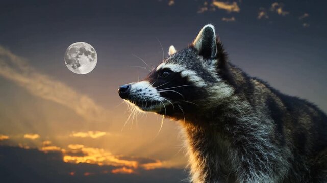 Reacting raccoon adjusting whiskers and fur to full moon at dusk near low clouds, copy space