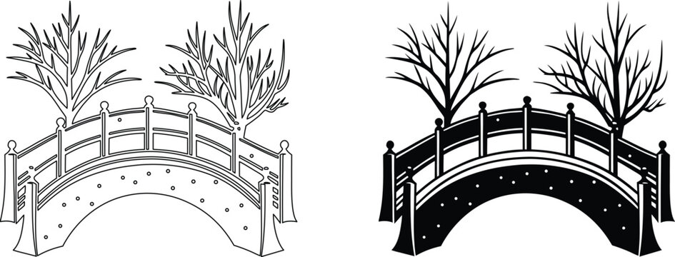 Wooden bridge over river with leafless trees vector outline and solid black silhouette set.