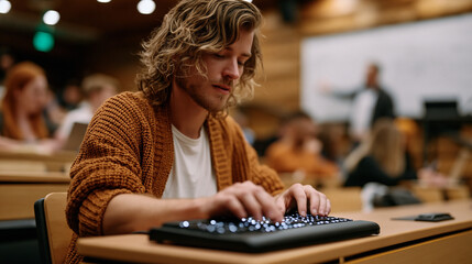 Fototapeta na wymiar Inclusive university lecture hall with blind student using refreshable braille display at front row desk, professor mid-lecture at whiteboard, assistive technology in higher education, campus access