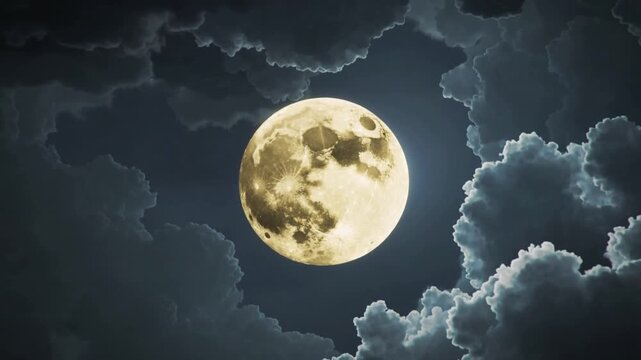 Pulling back cloud edges, full moon moving toward center at night with illuminated cloud halo