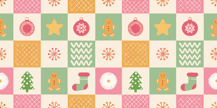 Christmas holiday ornament pattern with pastel colors and checkered backgrounds