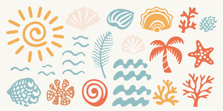 Ocean Elements And Tropical Flora Colorful Vector Illustration