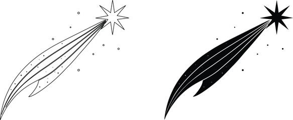 Christmas shooting star icon set with outline and silhouette style for festive holiday art. © Rupasi