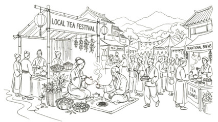 Naklejka premium Tea Festival One Line Drawing – Traditional Ceremony Steaming Cups Cultural Lifestyle Line Art