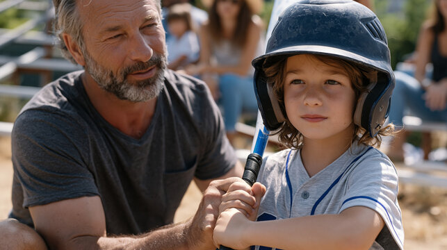 Sixty-two-year-old father coaching youth baseball team during sweltering July heat wave, kneeling to adjust young son's batting stance, sweat on brow, other parents watching from metal bleachers und