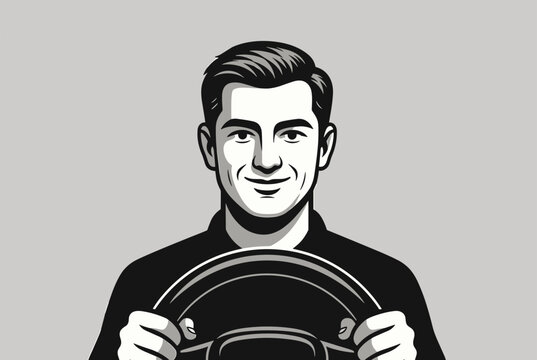 Black and white illustration of a young man holding a steering wheel and smiling while driving his automobile.