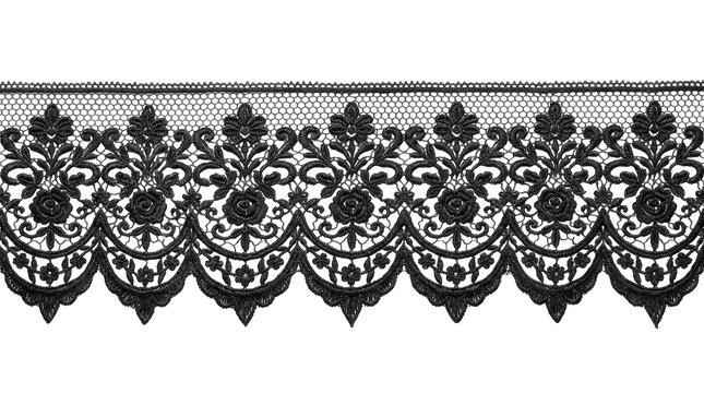 Black lace trim border floral scrollwork design isolated on transparent background