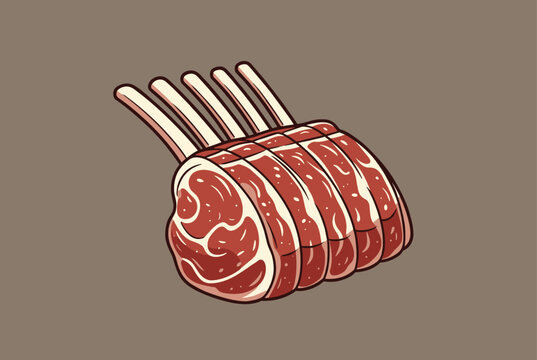 Illustration of a raw lamb rack showing the tender red meat and exposed bones ready for cooking on a brown background.