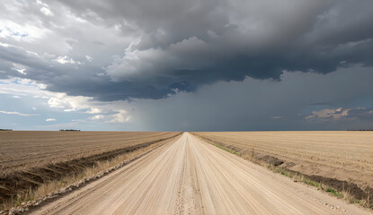 Fototapeta premium Dirt road through fields under stormy sky