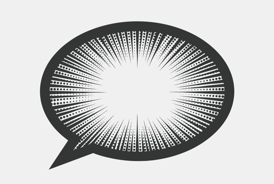 Comic book style speech bubble with radial explosion lines and halftone dot pattern for dynamic text placement.