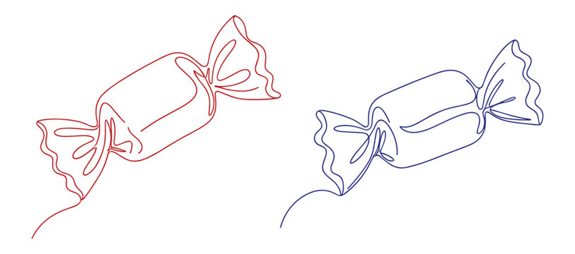 Minimalist continuous line art of candy wrappers in red and blue colors showing simplicity.