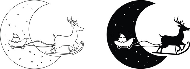 Flying reindeer pulling sleigh moon silhouette and outline icon for christmas holiday art. © Rupasi