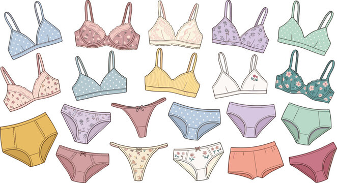 Vector illustration of assorted bras and panties with floral, striped, and polka dot patterns representing fashion and lifestyle themes