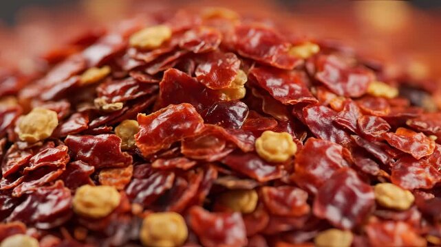 Closeup Macro Shot of Dried Red Chili Flakes Texture.