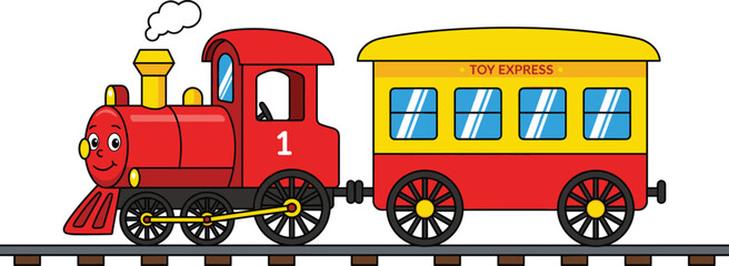 Vector illustration of colorful cartoon toy train with smiling locomotive representing playful children’s entertainment and educational themes © Sheikh