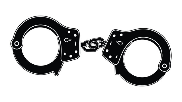Pair of metal handcuffs, police arrest equipment, black silhouette, isolated.