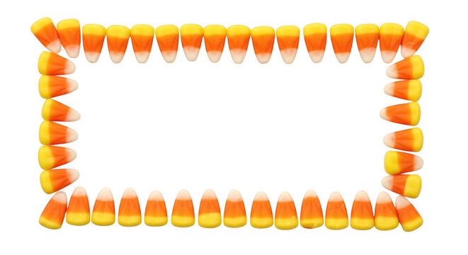 Rectangular frame made of colorful candy corn pieces arranged in a border on a solid black background, view overhead shot