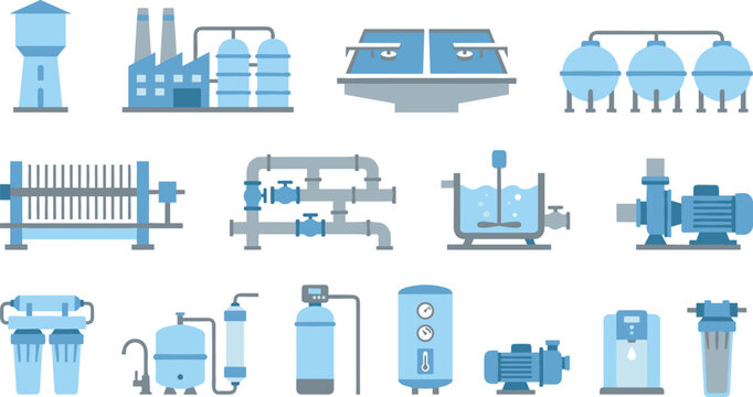 Water treatment equipment vector illustration featuring industrial filtration, pumps, tanks, and piping systems in modern blue engineering design