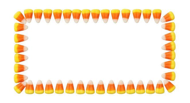 Rectangular frame made of orange, yellow, and white candy corn pieces arranged in a border on a solid black background