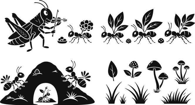The Ant and the Grasshopper Fable Silhouette Icon Set with Violin Playing Insect Hardworking Ants Anthill Mushrooms and Leaves for Storybook Graphic Elements