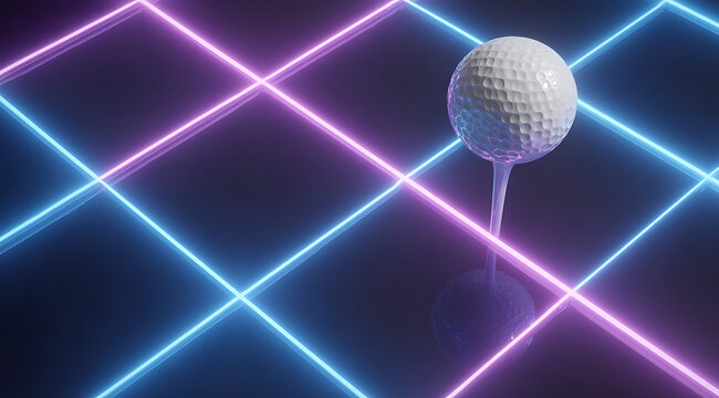 A neon light grid pattern with a golf ball