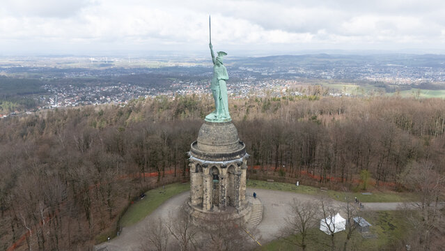 Drone View of Hermannsdenkmal Above Detmold Forest