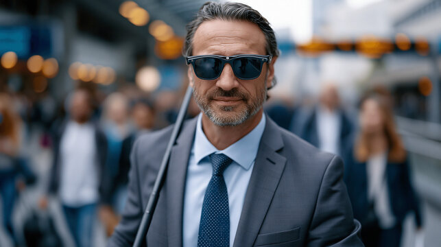 Blind professional navigating busy urban train station using smart cane with haptic feedback device, commuter crowd, assistive navigation technology, independence mobility, public transit accessibil