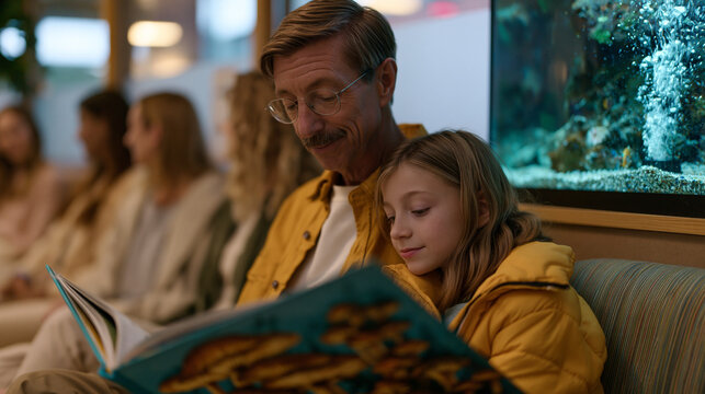 Late-in-life father at pediatric dentist waiting room surrounded by much younger parents, seven-year-old leaning against him reading together from large picture book, fish tank bubbling in corner, m