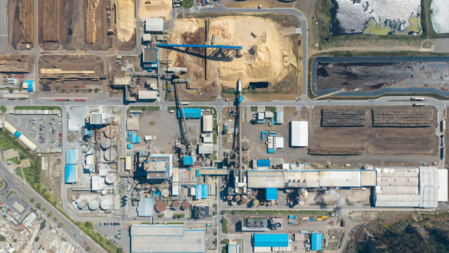 Top-down aerial view of Arauco cellulose pulp mill in Constitucion, Chile.