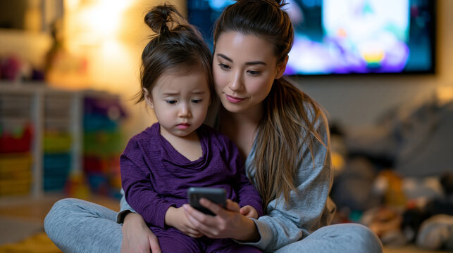 Parent sitting cross-legged on playroom floor, toddler on lap watching educational program on large screen, parent scrolling parenting forum on phone simultaneously with conflicted expression, toys 