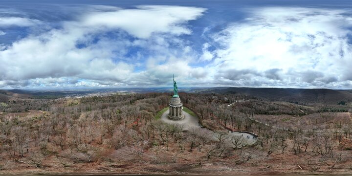 Panoramic Drone View of Hermannsdenkmal and Forest
