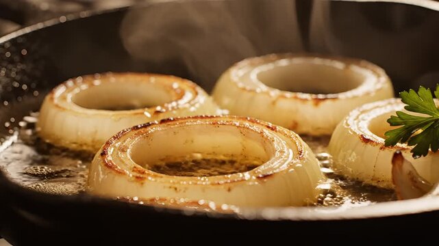 Closeup of Onion Rings Sizzling in a Hot Skillet with Steam Rising.