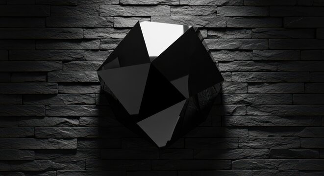 A striking geometric black accent piece with angular facets illuminates a textured stone wall, creating a dramatic modern decor statement.