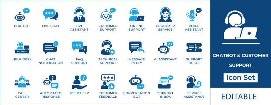 Chatbot and customer support icon set featuring automated virtual assistant, AI customer service agents, FAQ messaging, live helpdesk communication, and user feedback symbols.