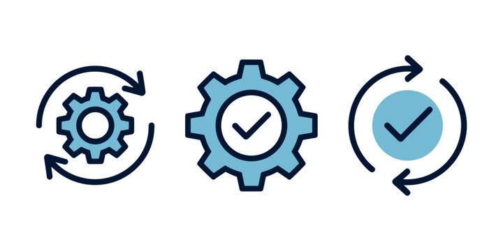 Blue gear with arrows and checkmarks symbol light blue in white background