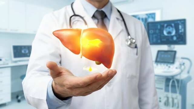A medical doctor presents a glowing human liver in a professional healthcare setting, emphasizing vital organ health, advanced medical research, and compassionate patient care