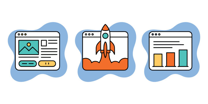 Colorful of web browser windows with rocket chart website in white background