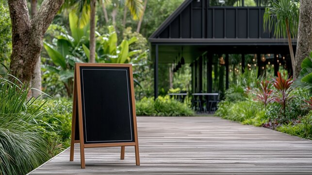 Empty chalkboard a-frame sign with natural wooden frame standing on wooden walkway surrounded by lush tropical plants leading to outdoor dining restaurant area